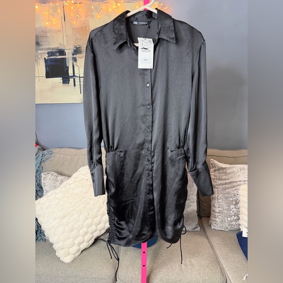 Zara Black Satin Ruched Shirt Dress Long Sleeve Button Front Size S NWT ✨ - Picture 3 of 7
